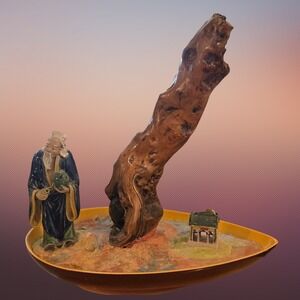 Vintage Chinese Shiwan Mud Man Sage Figurine Driftwood Pagoda Diorama Blue Glaze